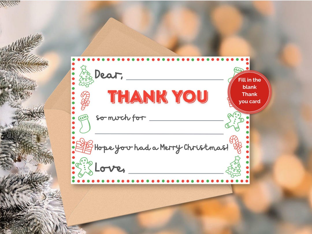 Christmas Thank You Card Printable, Fill in the Blank Thank You Note ...