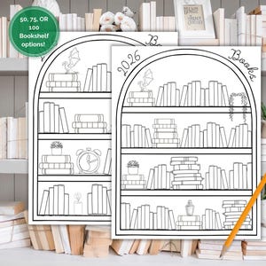 May include: Black and white bookshelf-themed printable with the text "2026 Books". The design includes a bookshelf with three shelves, each filled with stacks of books, a dragon, a clock, and a candle. The image also includes the text "50, 75, OR 100 Bookshelf options!"