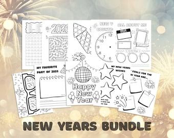 Kinder Neujahr Aktivitäten Bundle, Neujahr Ausdrucke für Kinder, Silvester Malvorlagen, Urlaub Aktivitäten Blätter, digitaler Download