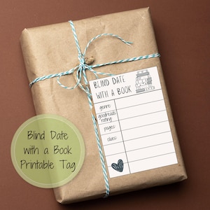 May include: A wrapped book in brown paper, tied with blue and white twine. A white tag with the text "BLIND DATE WITH A BOOK" is attached. The tag includes fields for genre, Goodreads rating, pages, and clues.