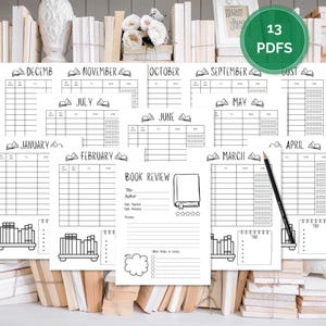 Paquete imprimible de planificador de lectura, registro de libros, lista de libros pendientes, registro mensual de lectura, diario de lectura en PDF de 13 páginas (descarga digital).
