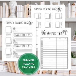 May include: Black and white printable summer reading trackers. The design includes a reading log with spaces for title, author, genre, and length. A green circle with the text "Summer Reading Trackers" is also visible.