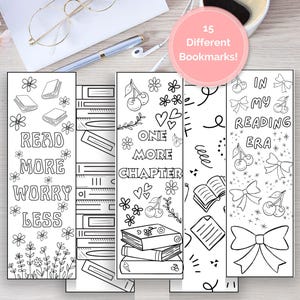 Coloring Bookmarks Printable, Bookish Coloring Page Set, 15 Designs, DIY Bookmarks for Readers, Cute Book Lover Gift, Kids & Adult Coloring