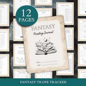 May include: A fantasy reading journal with 12 pages, featuring a cover with the title "Fantasy Reading Journal" and an illustration of an open book with botanical elements. The journal includes various tracker pages.