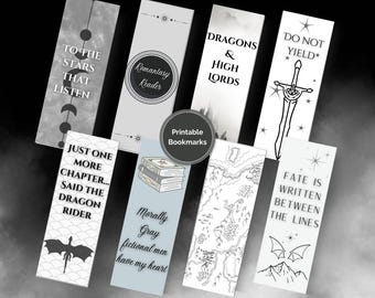 Puede incluir: Una colección de marcadores imprimibles con varios diseños y citas. Los marcadores presentan frases como "A las estrellas que escuchan" y "No te rindas". Algunos diseños incluyen dragones, espadas y mapas. La combinación de colores es principalmente negro, blanco y gris.