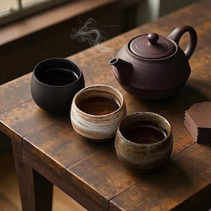 May include: A brown ceramic teapot with a lid and handle, alongside three small teacups filled with tea. Steam rises from the teapot's spout. The cups have unique designs, set on a wooden table. The scene evokes a sense of calm.