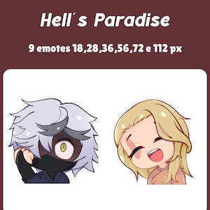 Op de afbeelding: Digitale illustratie met twee cartoon emotes. Eén toont een personage met grijs haar en een zwart masker. De andere toont een lachend personage met blond haar. Tekst bovenaan luidt "Hell's Paradise" en geeft emote-maten weer.