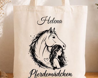 Stofftasche personalisiert Name Pferdemädchen, Geburtstag Geschenk Frau Mädchen, Tragetasche Beige Leinen Optik, Individuell mit Pferdemotiv