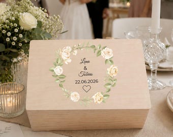 Personalisierte Hochzeitskiste aus Holz mit Namen & Datum | Erinnerungskiste Hochzeit | Hochzeitsgeschenk für Brautpaar|Wedding Keepsake Box