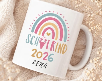 Schulkind 2026 Tasse personalisiert mit Name | Geschenk zur Einschulung 2026 | Regenbogen Einschulung Mädchen Kaffeebecher