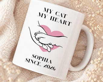 Personalisierte Katzen Tasse mit Name | Geschenk für Katzenliebhaber | Katzenmama Geschenk | Katzentasse mit Herz & Pfote | Cat Mom Mug