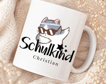 Schulkind Tasse personalisiert mit Namen – Keramikasse mit coolem Katzenmotiv  – Einschulung 2026 Geschenk – Schultüte Füllung