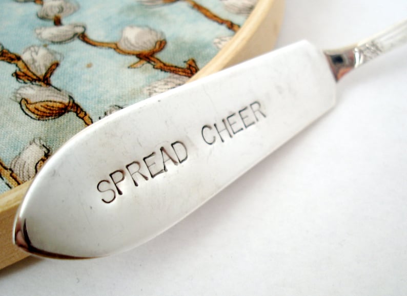Vintage Hand Stamped Entertaining Spread Cheer Master Butter Knife Table Settings Hostess Gift