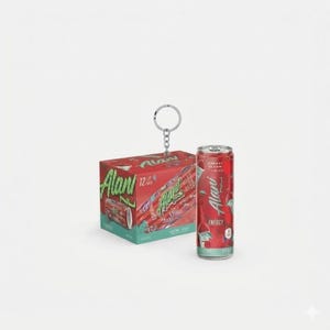 May include: A red and teal box of Alani Nu energy drinks with a matching can and keychain. The box reads "12" and "Mellow Slush". The can is red with the words "Cherry" and "Energy".