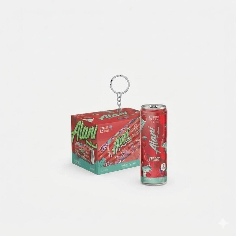 May include: A red and teal box of Alani Nu energy drinks with a matching can and keychain. The box reads "12" and "Mellow Slush". The can is red with the words "Cherry" and "Energy".