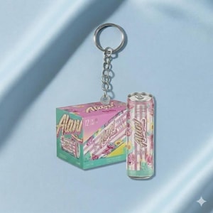 May include: A keychain with a silver ring and chain, attached to a pink and green box of Alani Nu energy drinks and a single can. The can and box feature the Alani Nu logo and a floral design.