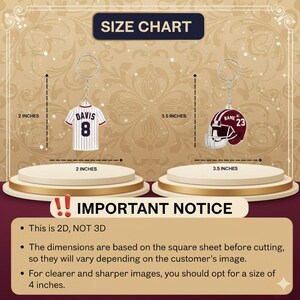 May include: Size chart for personalized keychains. One keychain is a white and red striped jersey with "DAVIS 8", measuring 2 inches. The other is a maroon football helmet with "NAME 23", measuring 3.5 inches. The text "IMPORTANT NOTICE" is also present.