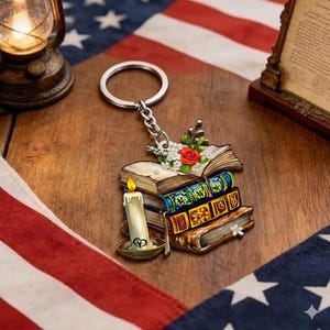 Vintage Book Stack Acrylic Keychain, Dark Academia Floral Charm