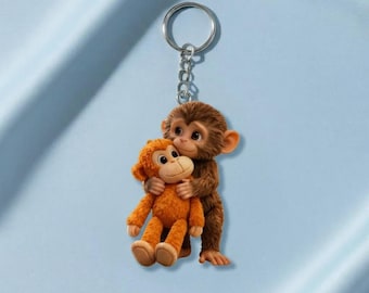 Monkey Keychain with Baby Monkey, Personalized Bag Charm, Acrylic Animal Keyring
