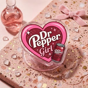 May include: A heart-shaped phone grip featuring a dark red background with a pink border. The text Dr Pepper Girl is printed in white and pink, accompanied by a small illustration of a Dr Pepper soda can with white sparkles on the surface.