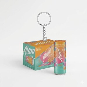 May include: A keychain with a silver ring and chain is attached to a box of Alani Nu energy drinks and a single can. The box is teal and orange with the Alani Nu logo. The can is orange and teal with the words "Orange Kiss".