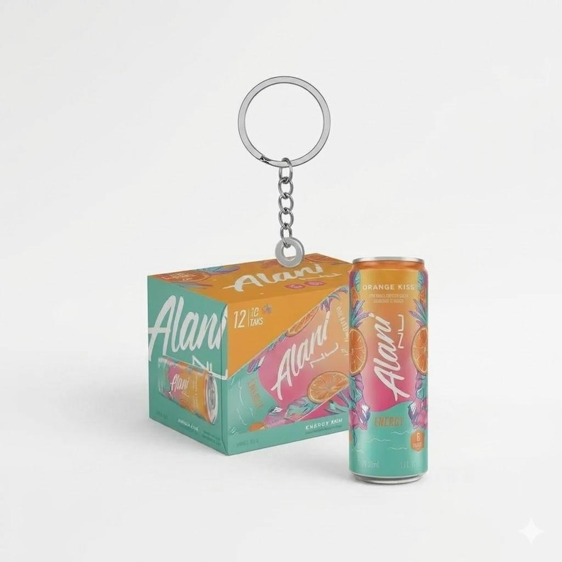 May include: A keychain with a silver ring and chain is attached to a box of Alani Nu energy drinks and a single can. The box is teal and orange with the Alani Nu logo. The can is orange and teal with the words "Orange Kiss".