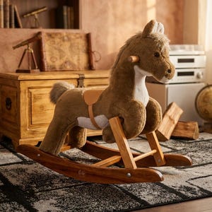 May include: A plush brown rocking horse with a light brown saddle and wooden rockers. The horse has a white chest and a soft mane and tail. The rocking horse is on a patterned rug.