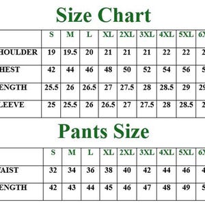 May include: A size chart for clothing, with measurements for shoulders, chest, length, and sleeves. The chart also includes pants sizes for waist and length, with sizes ranging from S to 6XL. The text is in green on a white background.