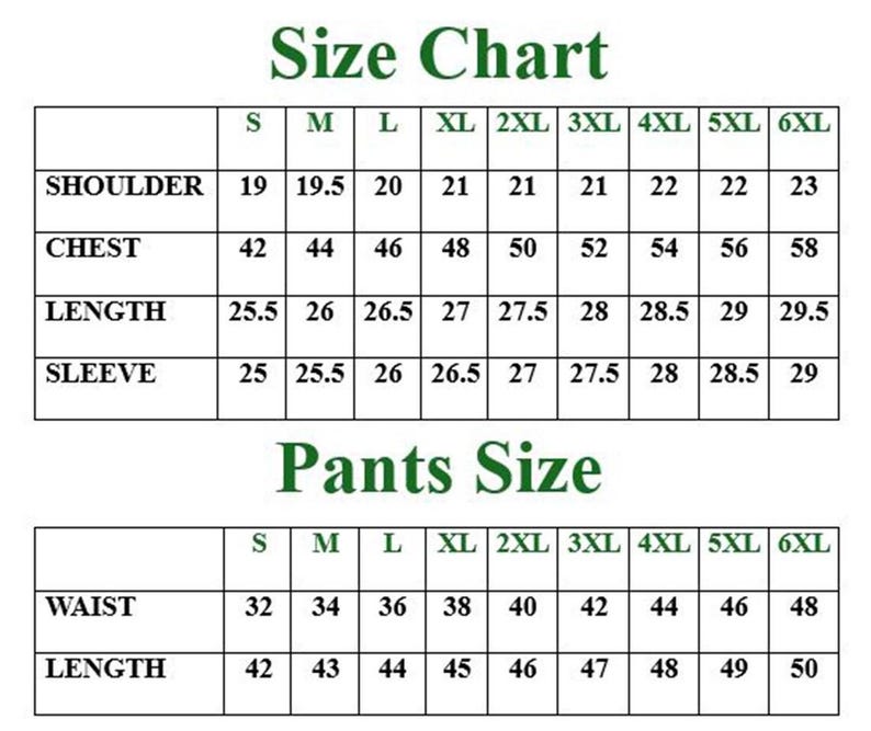 May include: A size chart for clothing, with measurements for shoulders, chest, length, and sleeves. The chart also includes pants sizes for waist and length, with sizes ranging from S to 6XL. The text is in green on a white background.