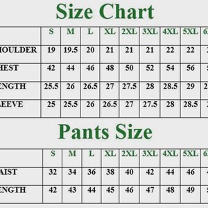 May include: A size chart for clothing, featuring measurements for shoulders, chest, length, and sleeve, as well as waist and length for pants. Sizes range from S to 6XL, with measurements in inches.