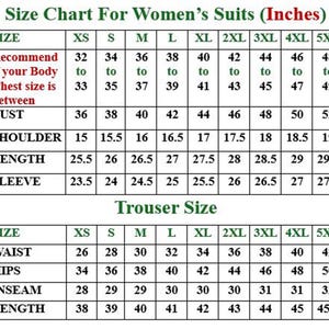 May include: Size chart for women's suits, displaying measurements in inches. Includes bust, shoulder, length, and sleeve measurements for sizes XS to 5XL. Also shows trouser size measurements for waist, hips, inseam, and length.