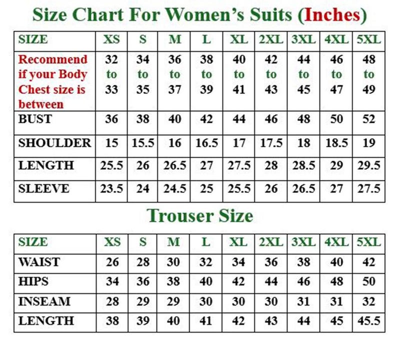 May include: Size chart for women's suits, displaying measurements in inches. Includes bust, shoulder, length, and sleeve measurements for sizes XS to 5XL. Also shows trouser size measurements for waist, hips, inseam, and length.