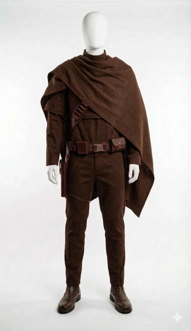 May include: A brown costume displayed on a mannequin. The outfit includes a long-sleeved shirt, pants, belt with pouches, a holster, and a draped shawl. The boots are brown leather.