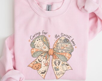 NICU Nurse Halloween Sweatshirt Caring for the Tiniest Boos Spooky Neonatal Nurse Gift Ghost Bow Crewneck Halloween Nurse Shirt for Her