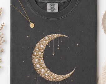 Faux Pearl Crescent Moon Shirt, Celestial Boho Tee, Vintage Lunar Graphic, Comfort Colors® Shirt, Mystic Night Sky Gift for Her, Cosmic Tee