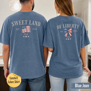 Matching 4th of July couple shirts with vintage patriotic USA graphics, comfort colors blue jean tees featuring Sweet Land Of Liberty design