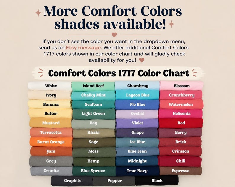 K&ouml;nnte beinhalten: Eine Comfort Colors 1717 Farbkarte mit gefalteten Stoffmustern in verschiedenen Farbt&ouml;nen, darunter Wei&szlig;, Elfenbein, Banane, Butter, Senf, Terrakotta, gebranntes Orange, Yamswurzel, Grau, Granit, Inselriff, kreidiges Minzgr&uuml;n, Meerschaum, Hellgr&uuml;n, Bucht, Khaki, Salbei, Moos, Hanf, Blaufichte, Chambray, Lagunenblau, Flo-Blau, Orchidee, Violett, Traube, Eisblau, Jeansblau, Mitternacht, echtes Marineblau, Bl&uuml;te, Crunchberry, Wassermelone, Heliconia, Rot, Beere, Ziegel, Karmesinrot, Chili, Espresso, Graphit, Pfeffer und Schwarz.