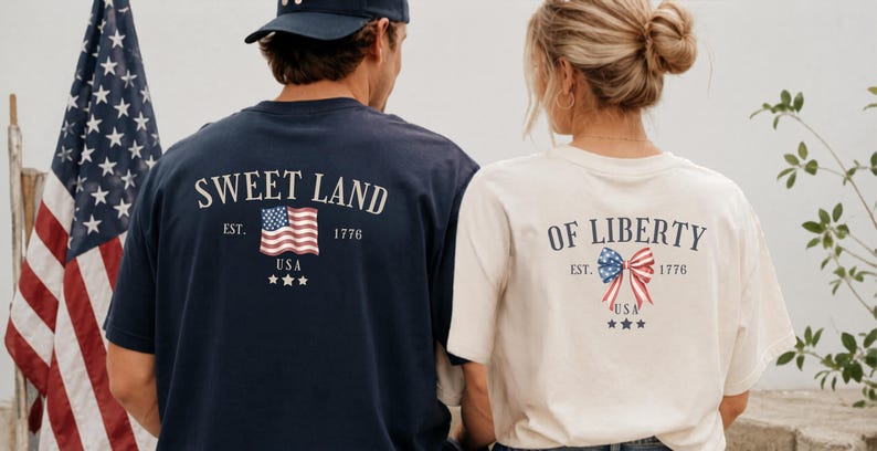 K&ouml;nnte beinhalten: Ein marineblaues T-Shirt mit dem Text SWEET LAND, EST. 1776, USA, drei Sternen und einer US-Flagge sowie ein cremefarbenes T-Shirt mit dem Text OF LIBERTY, EST. 1776, USA, drei Sternen und einer patriotischen Schleife auf der R&uuml;ckseite.
