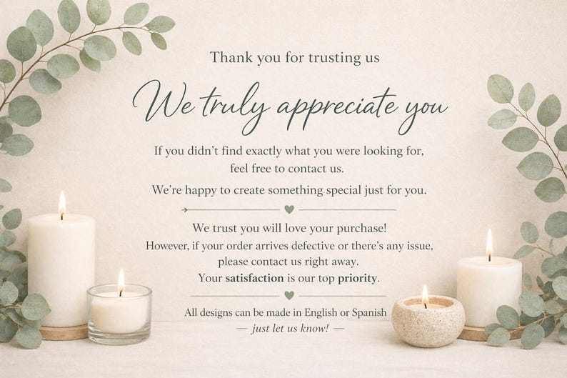 K&ouml;nnte beinhalten: Eine Kundenservice-Karte mit dem Text: Thank you for trusting us, We truly appreciate you, If you didn't find exactly what you were looking for, feel free to contact us. We're happy to create something special just for you.