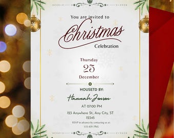 May include: Christmas invitation with gold accents, featuring text that reads "You are invited to Christmas Celebration". The invitation includes the date, time, and RSVP information. The design incorporates decorative elements and a red envelope.