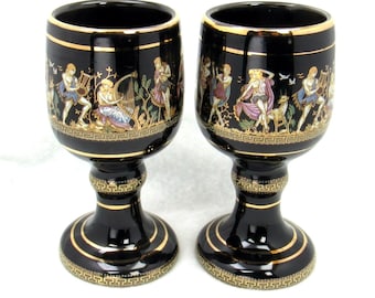 Greek Black/Dark Cobalt ARoussi Porcelain  - Mythology Ritual Wine Chalice/Goblet/Cup - Hand Made - 24K Gold Trim