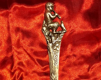 Antique Victorian Faun/Pan/Satyr with Flute/Bird Brass Letter Opener - 1900s