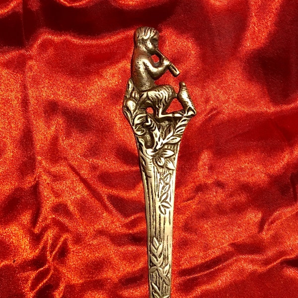 Antique Victorian Faun/Pan/Satyr with Flute/Bird Brass Letter Opener - 1900s