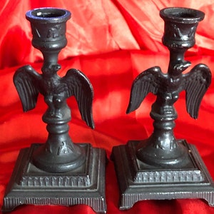 Pair Emig Federal Style - Raven/Eagle Candle Holders - Black Gothic Solid Metal