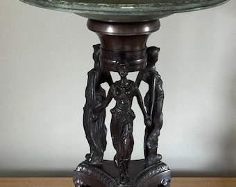 Greek Neoclassical Bronze Tazza with Three Graces Goddess Figures - Large Libation/Offering/Incense Bowl - Three Maidens