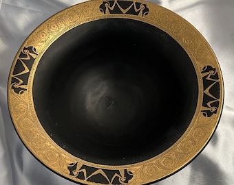 Large Black Art Deco Tiffin Black Satin Glass - Real Gold Encrusted Scrying/Gazing Bowl - 1920's