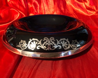 Black Glass Rolled Edge with Silver Overlay - Large Scrying/Gazing Bowl - Thomas Beall #1022 1900s Art Nouveau
