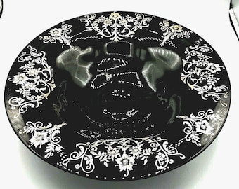Art Deco Large Black Glass w/Silver Overlay Console Scrying/Gazing Bowl - 1920's