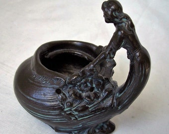 Antique French Art Nouveau 1910's Bronze Incense Burner - Maiden with Wishing Well or Cauldron