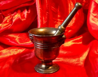 Antique Solid Brass - Mortar and Pestle Set - Janus Northwind Satyr France - Pharmacy Apothecary